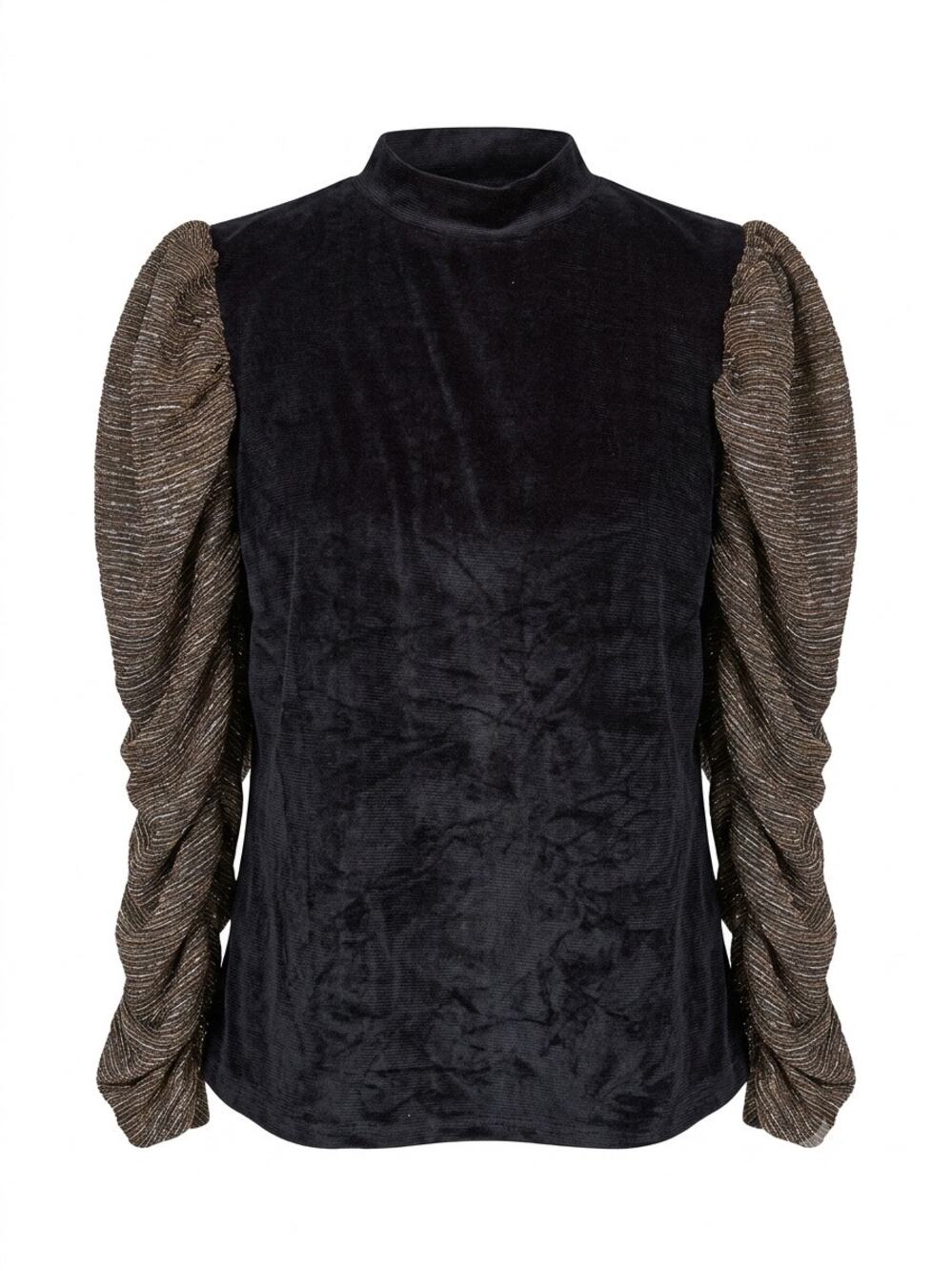 THML Goth Black Crushed Velvet Mock Neck Puff Sleeve Gold Metallic Plisse Top M
